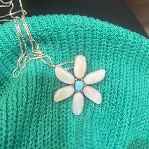 Sterling Silver Pink Mother of Pearl and turquoise pendant 24” box chain